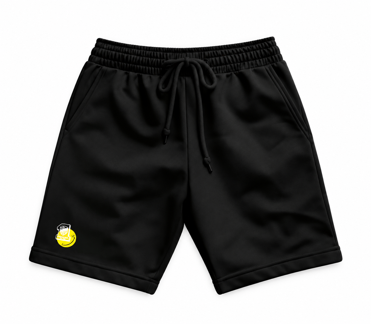 Black sports shorts with a smiley face print