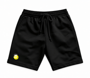Black sports shorts with a smiley face print